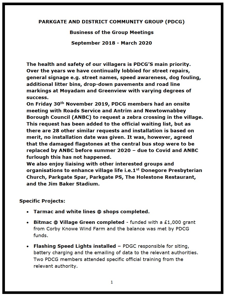 Parkgate & District Update of Activities - Parkgate & District